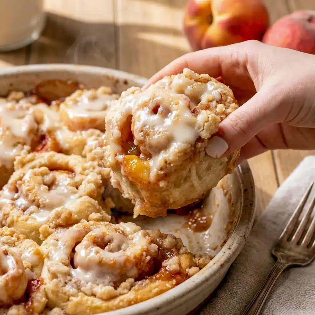 Fluffy Peach Cobbler Cinnamon Rolls with creamy glaze, a delicious twist on Things To Do With Cinnamon Rolls for peach season.