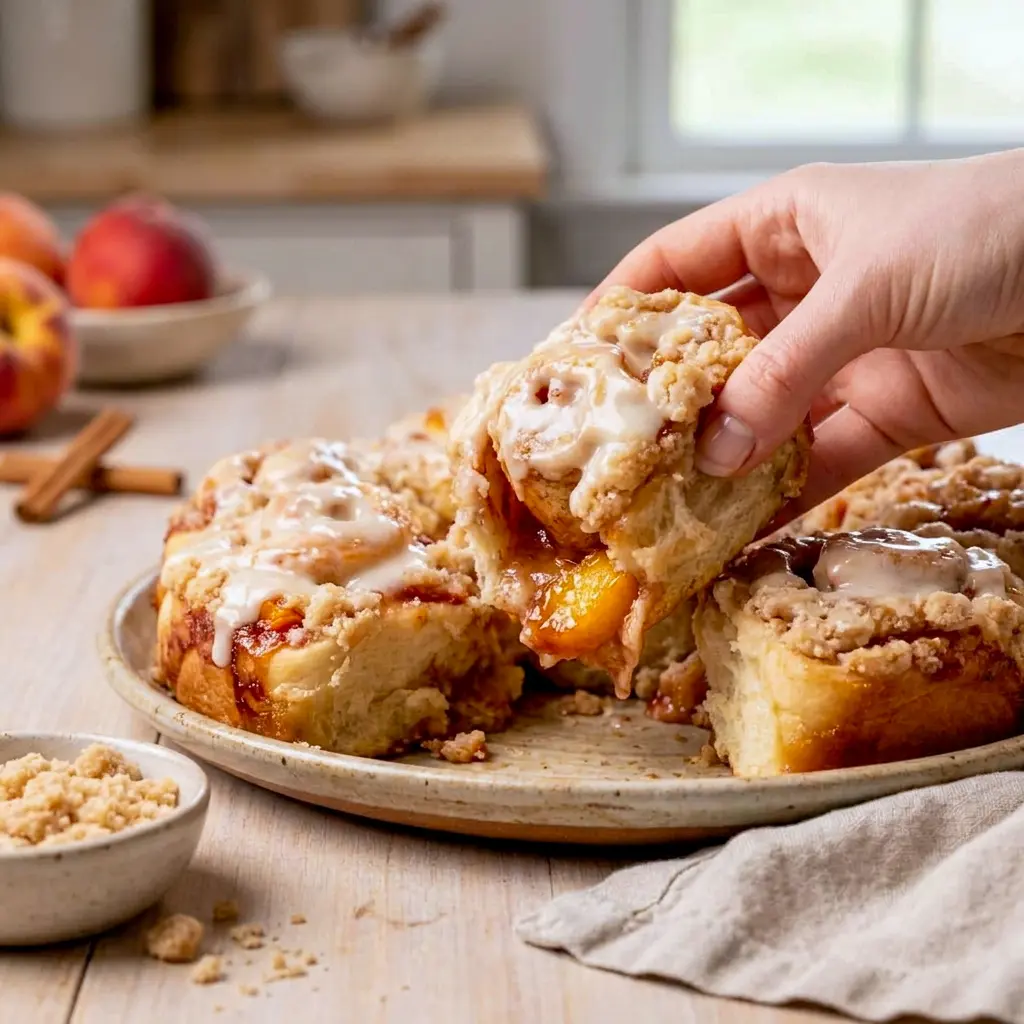A close-up of Peach Cobbler Cinnamon Rolls with peach slices and cinnamon crumb, one of the most beautiful Delicious Baked Goods for summer.
