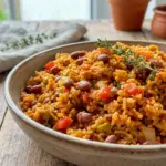 Comforting Spanish Rice And Beans in a bowl for an easy Vegan Mexican Meal.