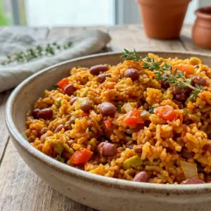 Comforting Spanish Rice And Beans in a bowl for an easy Vegan Mexican Meal.