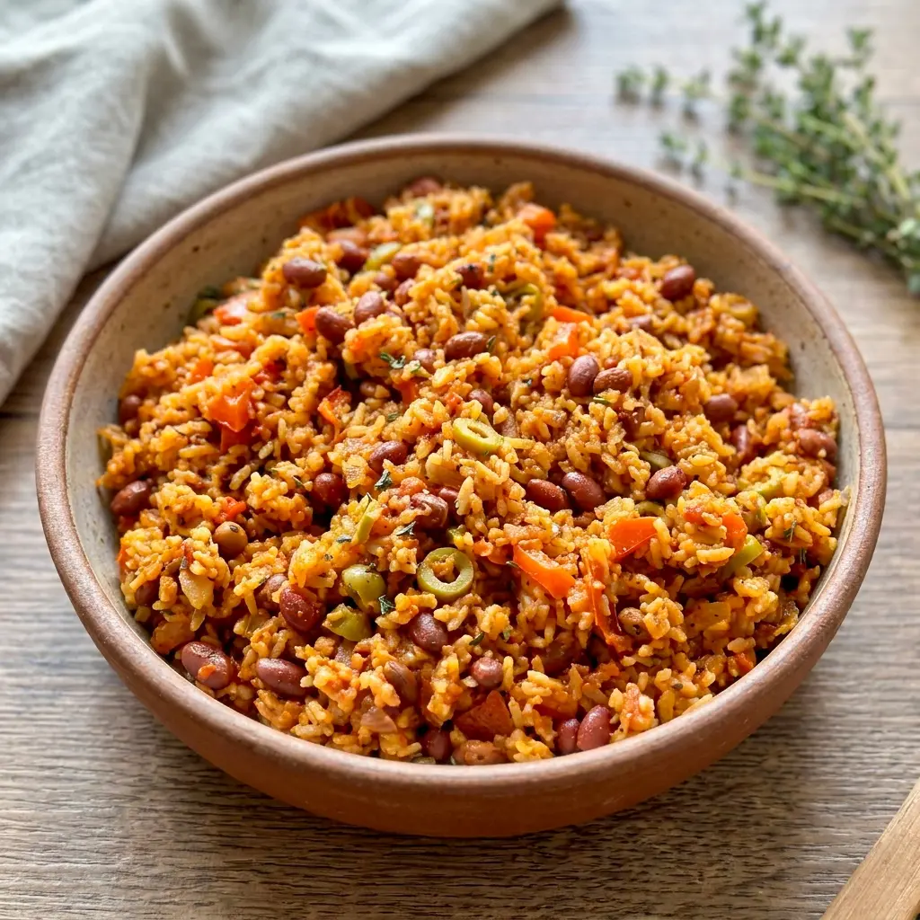 Spanish Rice And Beans served with vegetables for a hearty Veggie Rice And Beans meal.