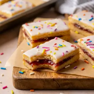 A sweet tray of Pop Tart Cookie Bars with strawberry filling, inspired by Pop Tart flavors.