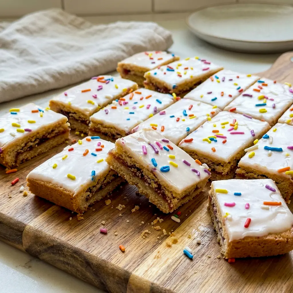 Pop Tart Cookie Bars stacked on a plate, a playful treat for Eat Dessert First moments.