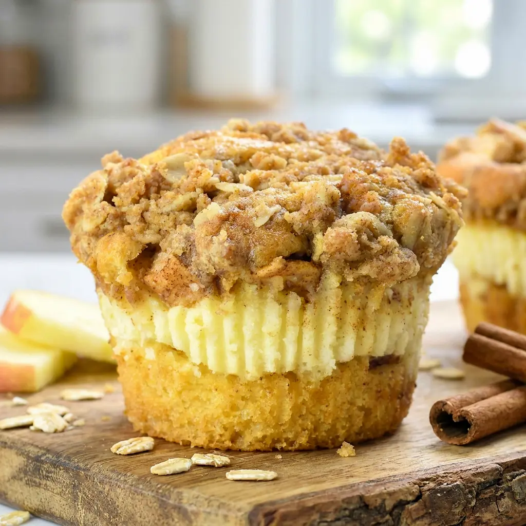Warm Apple Crisp Muffins with soft apples and silky filling, featuring a bakery-style Apple Cream Cheese look.