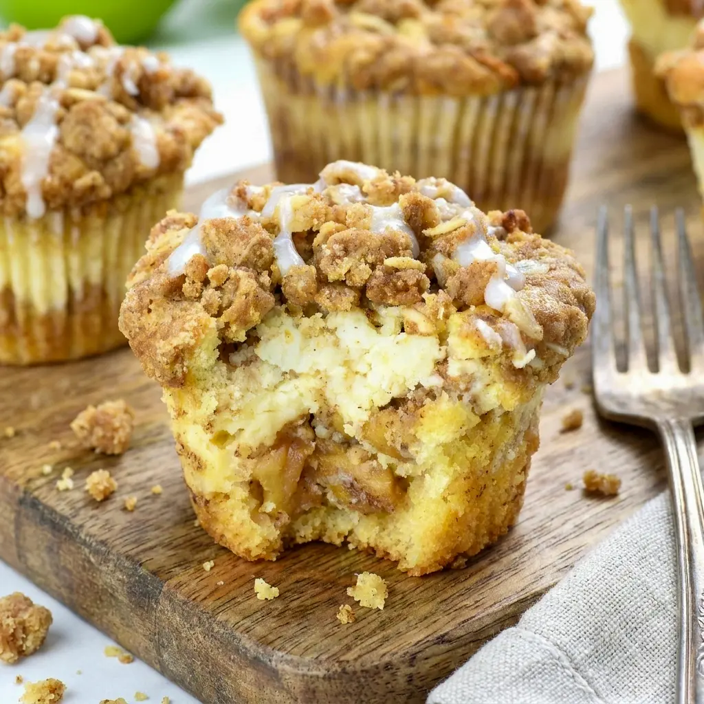 A close-up of Apple Crisp Muffins with oat crumble and vanilla drizzle, inspired by Fall Apple Recipes comfort baking.
