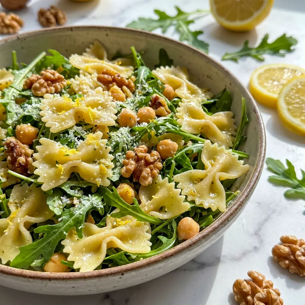 Colorful and easy to make, Lemon Arugula Pasta Salad looks perfect for a relaxed Summer Dinner with walnuts, herbs, and Parmesan.
