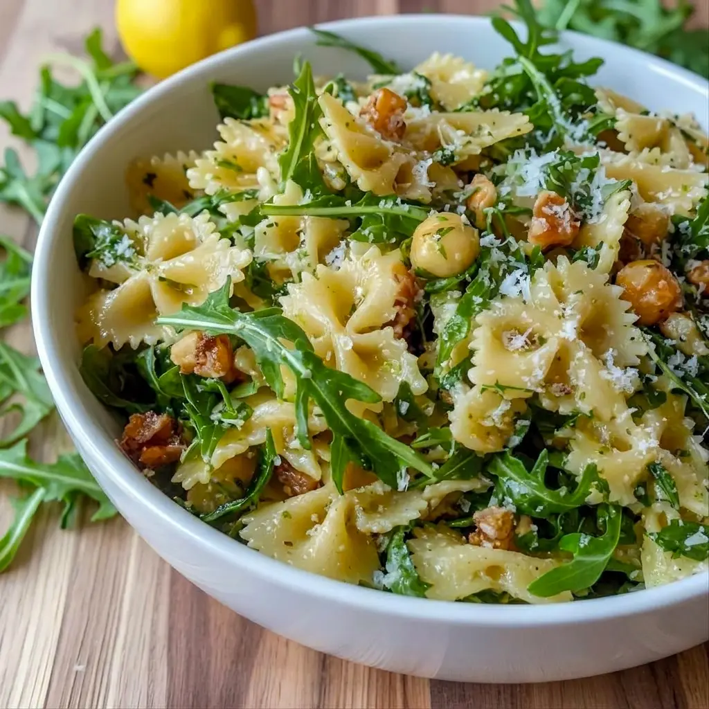 Bright and refreshing, Lemon Arugula Pasta Salad is shown as a fresh Couscous-style inspired dish with lemon, greens, and crunchy toppings.