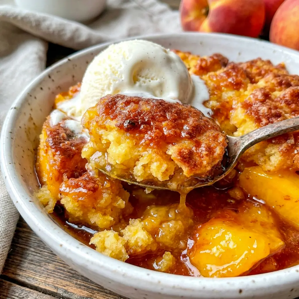 A warm slice of Brown Butter Peach Cobbler with melting ice cream feels perfect for Recipes With Peaches Desserts and sharing with guests.