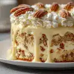 A creamy slice of Butter Pecan Tres Leches Cake with toasted pecans, styled as a dreamy Butter Pecan Recipe dessert for Pinterest.