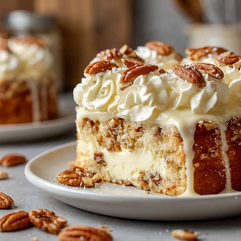 A moist and elegant Butter Pecan Tres Leches Cake topped with whipped cream and pecans, highlighting a classic Pecan Tres Leches Cake look.