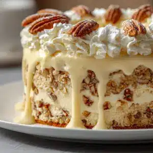 A creamy slice of Butter Pecan Tres Leches Cake with toasted pecans, styled as a dreamy Butter Pecan Recipe dessert for Pinterest.
