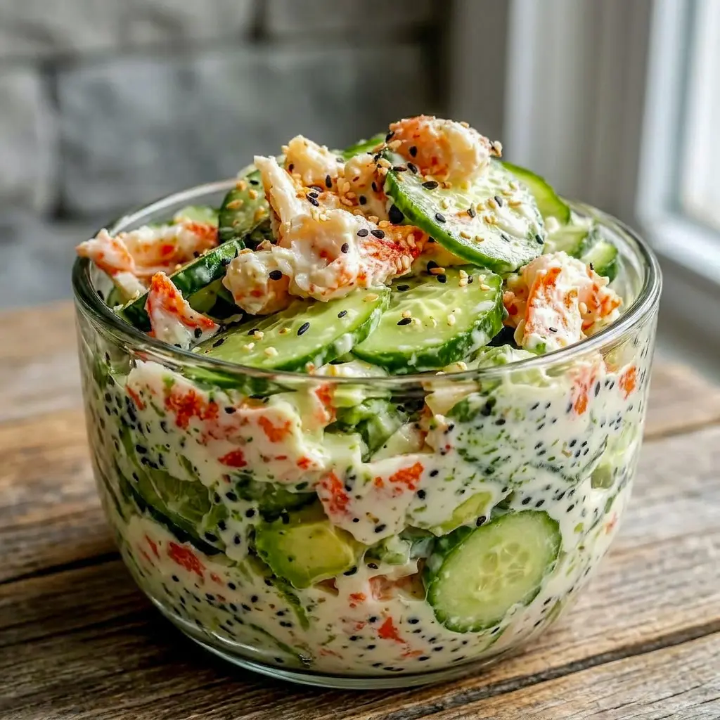 A crunchy California Roll Cucumber Salad topped with spicy mayo and crisp veggies for easy Cucumber Recipes inspiration.