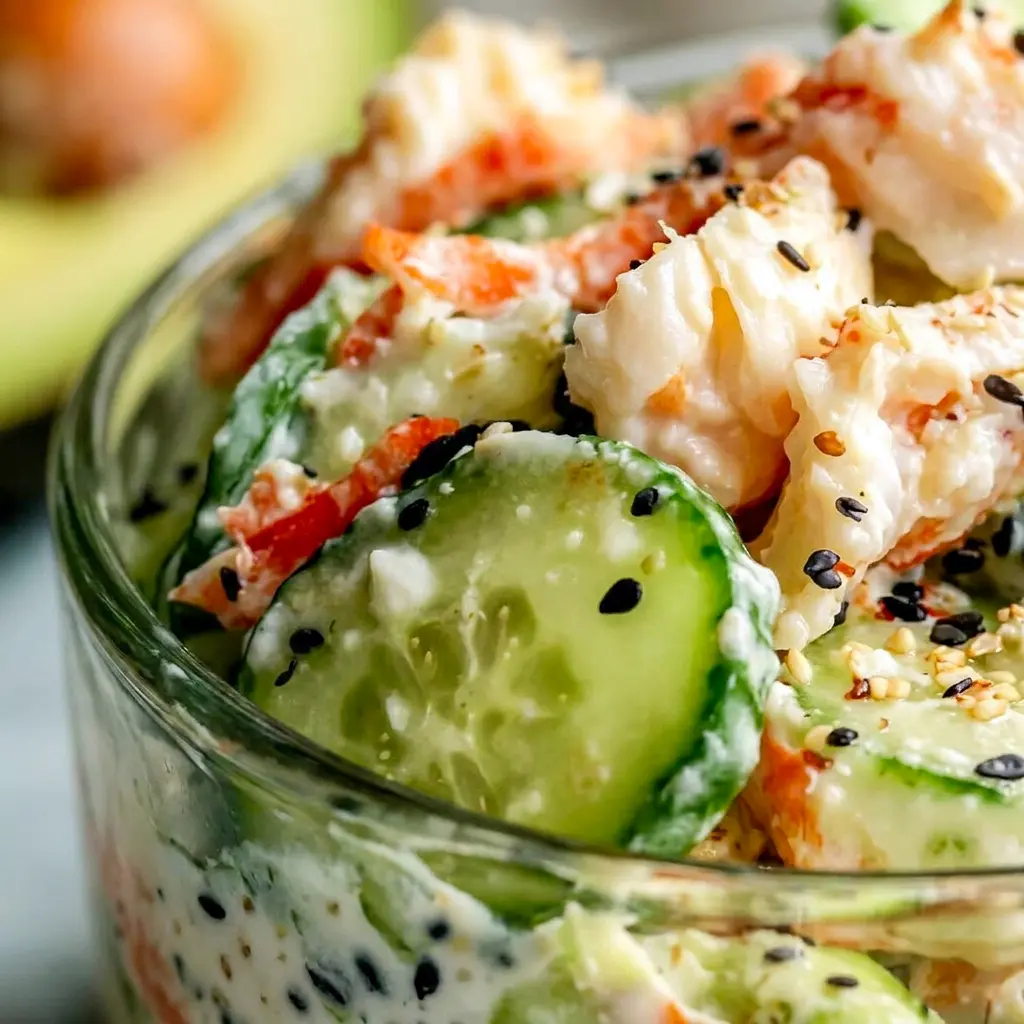 A colorful California Roll Cucumber Salad made with edamame, avocado, and crab for a quick Cucumber Recipes Salad idea.