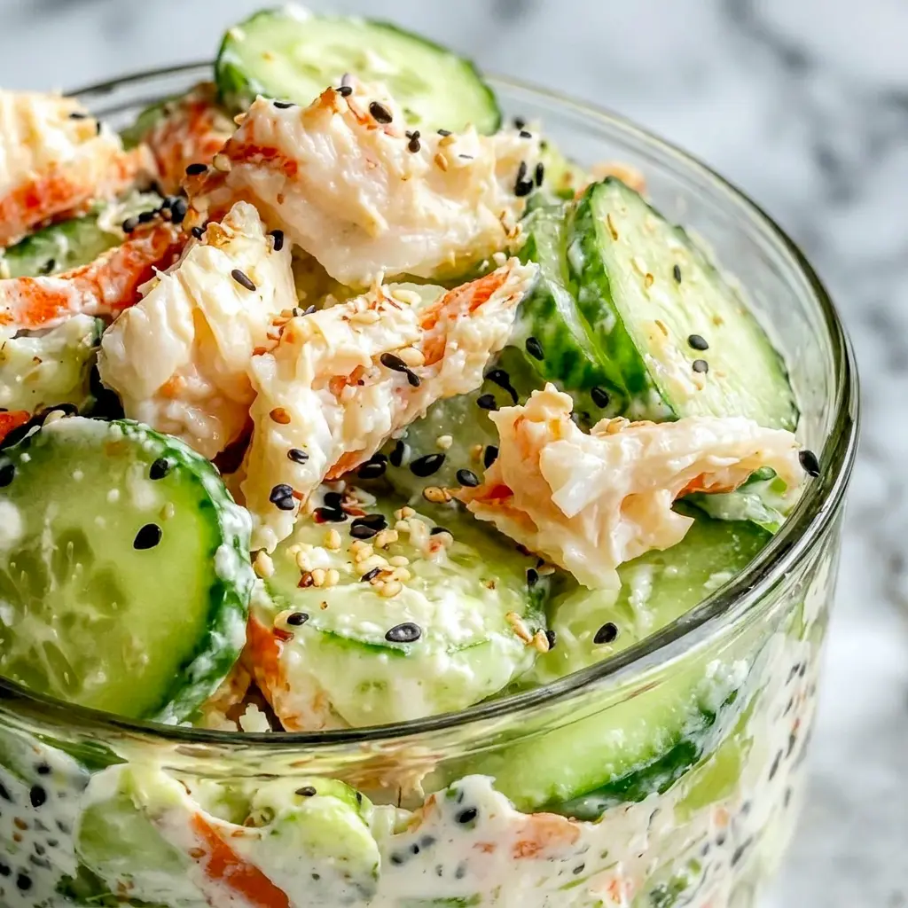 A creamy California Roll Cucumber Salad with imitation crab and sesame seeds, perfect for simple Crab Recipes.