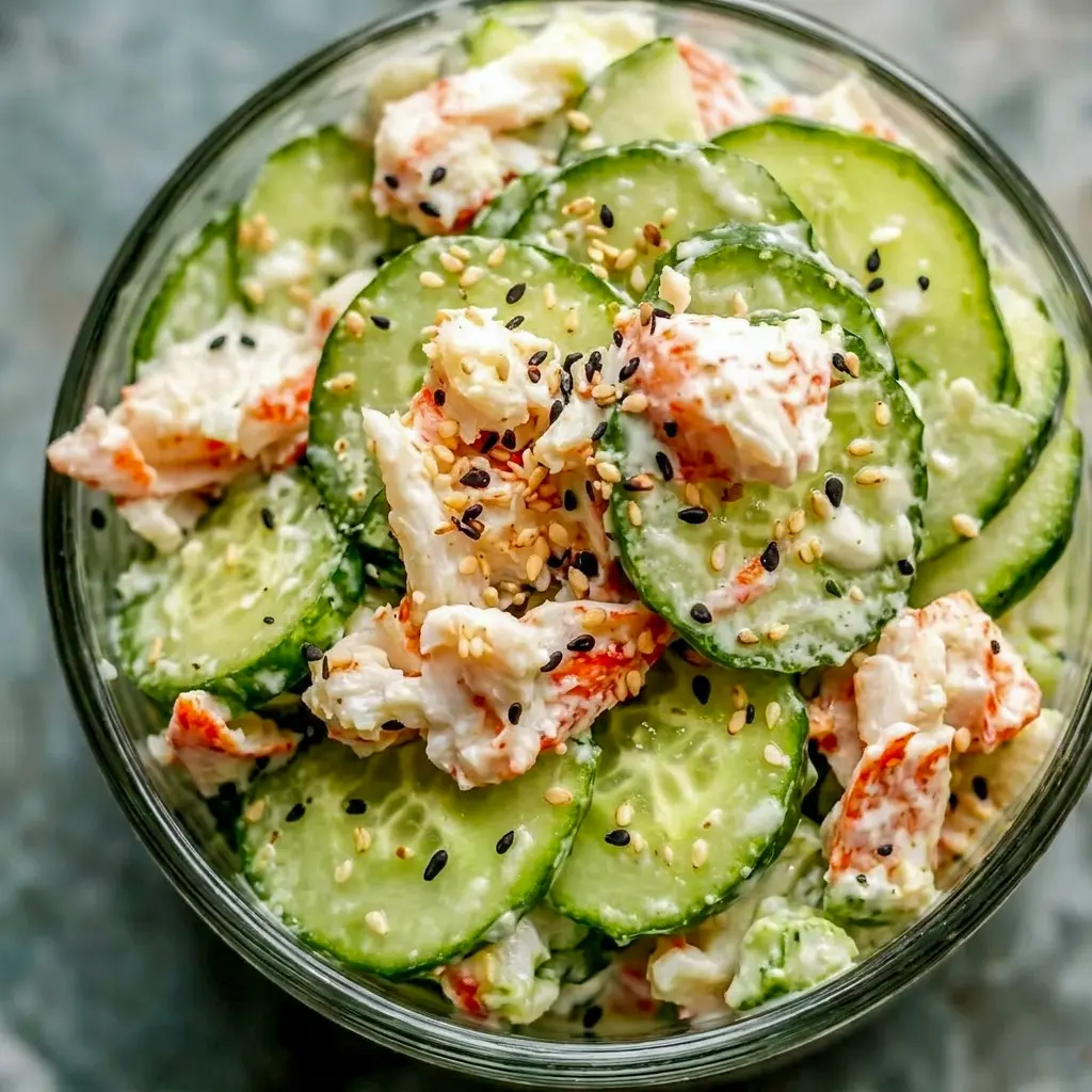 A chilled California Roll Cucumber Salad that brings together fresh crunch and bold flavor for delicious Asian Dishes.