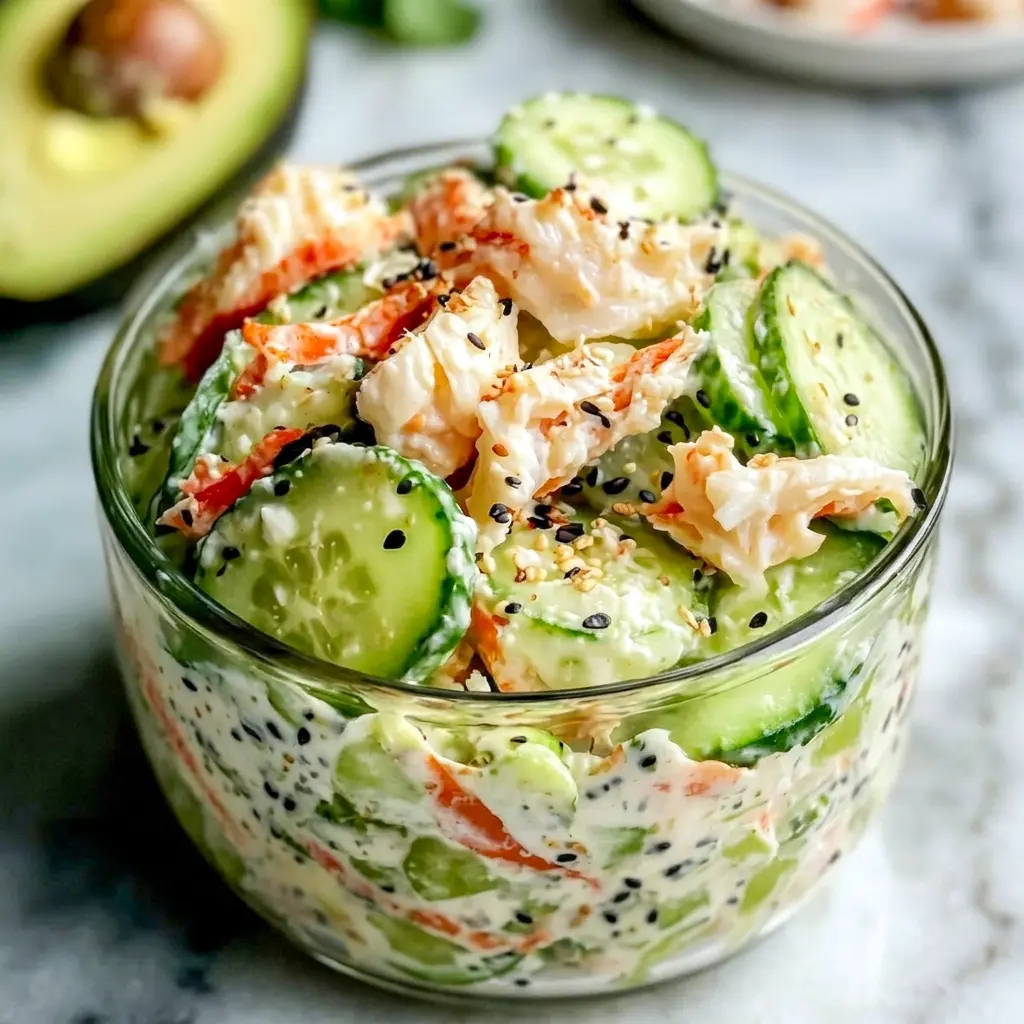 A fresh California Roll Cucumber Salad with creamy avocado, shredded crab, and a sushi-inspired California Roll Cucumber Salad Recipe vibe.
