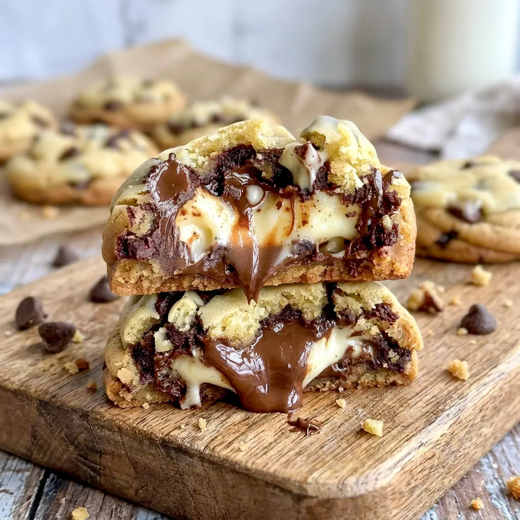 Fresh-baked Cheesecake Stuffed Chocolate Chip Cookies styled like Chocolate Chip Cookie Cheesecake, with a creamy filling peeking through every bite.