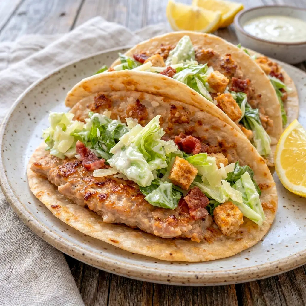 Fresh and satisfying, Chicken Caesar Smash Tacos are a standout among Chicken Recipes, with golden tortilla edges and creamy Caesar lettuce.