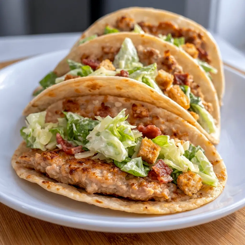 Crispy and loaded, Chicken Caesar Smash Tacos top Classic Caesar Salad flavors onto a hot, golden skillet base.