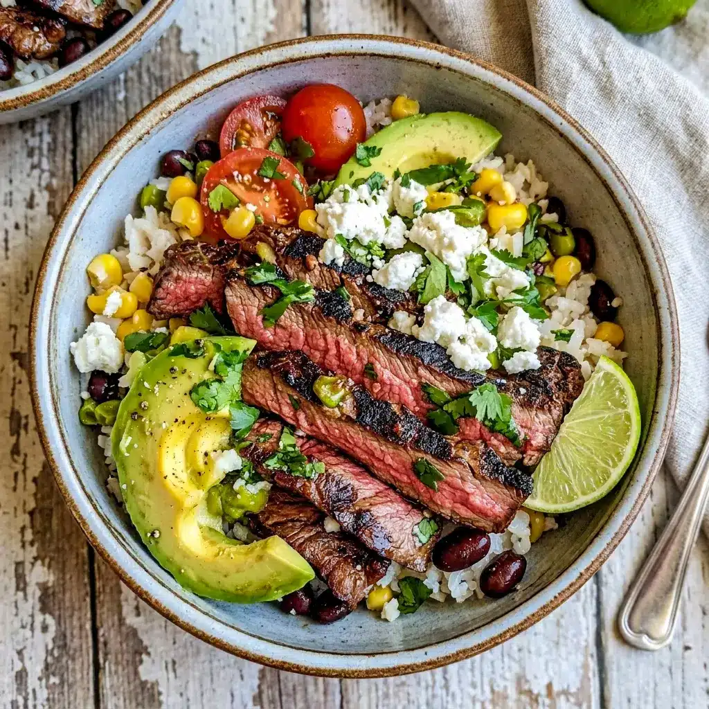 Cilantro Lime Steak Bowls styled as a Simple Steak Salad Recipe, with juicy beef, lime crema, black beans, and crisp vegetables.