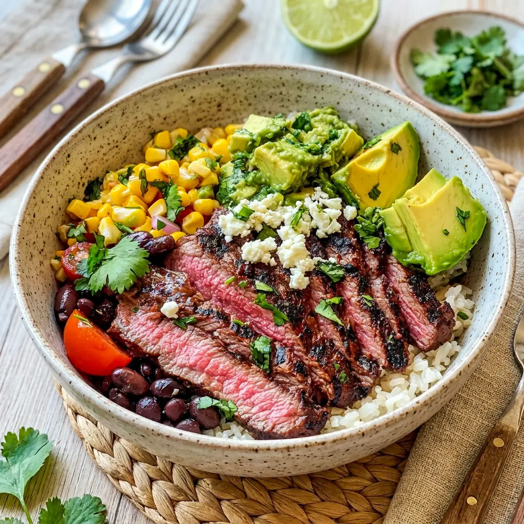 Cilantro Lime Steak Bowls served as Steak With Veggies, with rice, corn, avocado, and tender sliced steak in one bowl.