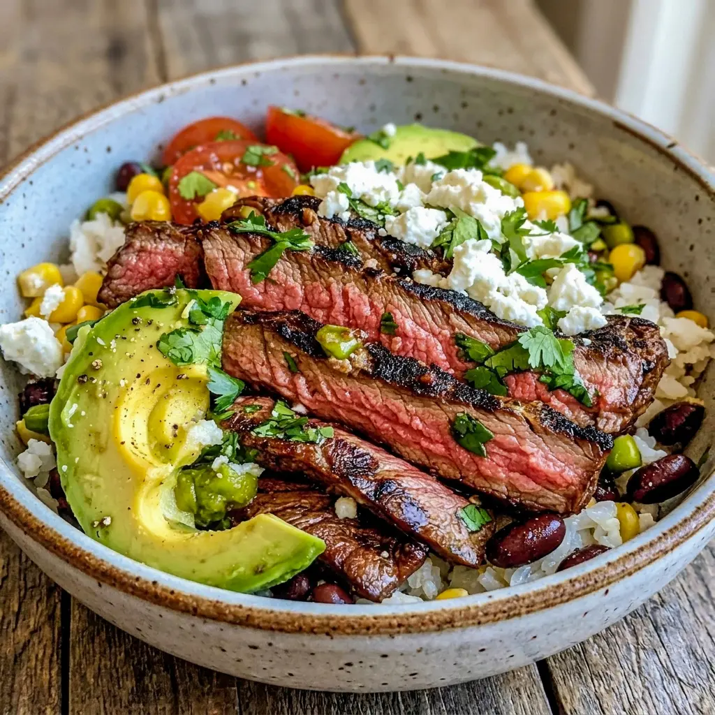 Cilantro Lime Steak Bowls featured among easy Steak Bowls Recipes, finished with bright lime sauce and red onion for a fresh dinner idea.