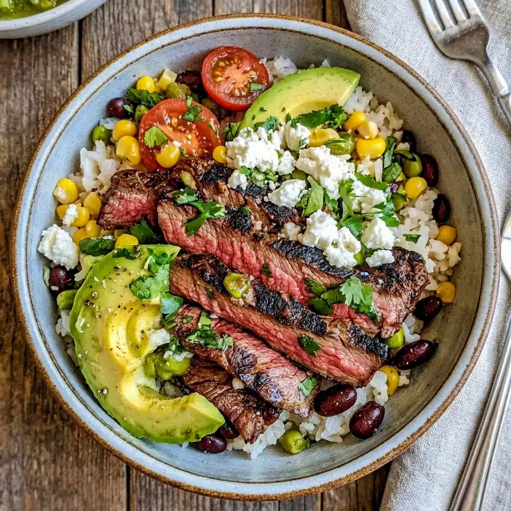 Cilantro Lime Steak Bowls for Healthy Group Dinner Ideas, made with a flavorful Steak Bowl Marinade and topped with cheese, beans, and crema.
