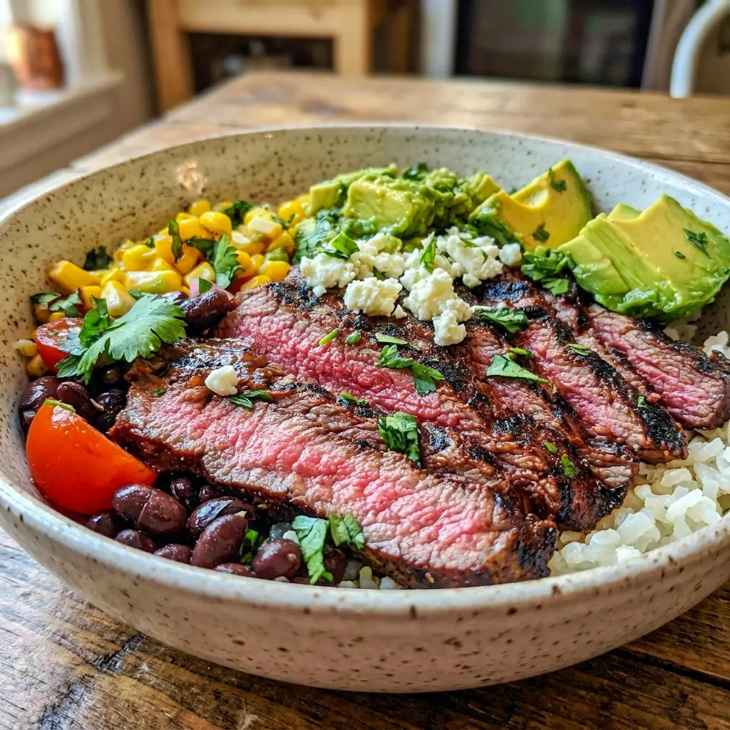 Cilantro Lime Steak Bowls on a colorful plate with Southwestern Steak Bowl flavors, grilled steak, rice, avocado, and fresh toppings.