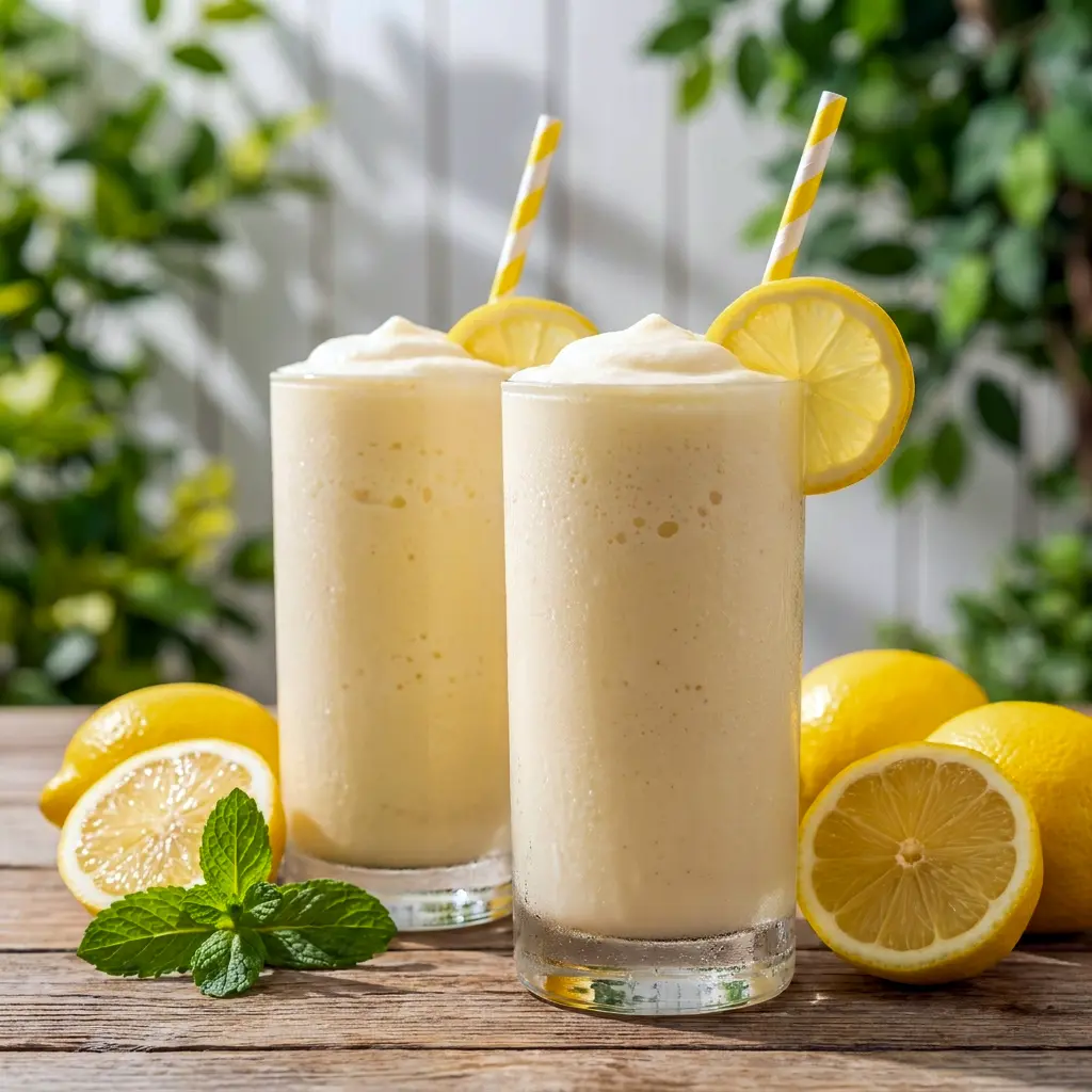 A refreshing Copycat Chick-fil-A Frosted Lemonade shown as a smooth Frosted Lemonade Drink with a bright lemon garnish.