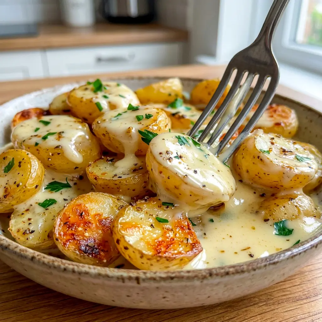 A close-up of Creamy Garlic Potatoes served warm as classic Potato Dishes with a rich garlic cream coating.