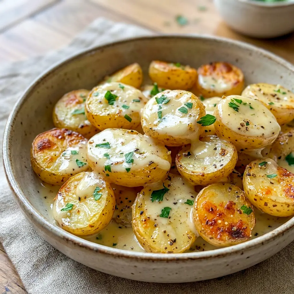 Creamy Garlic Potatoes on a dinner plate for easy Side Recipes that pair beautifully with chicken, steak, or pork.