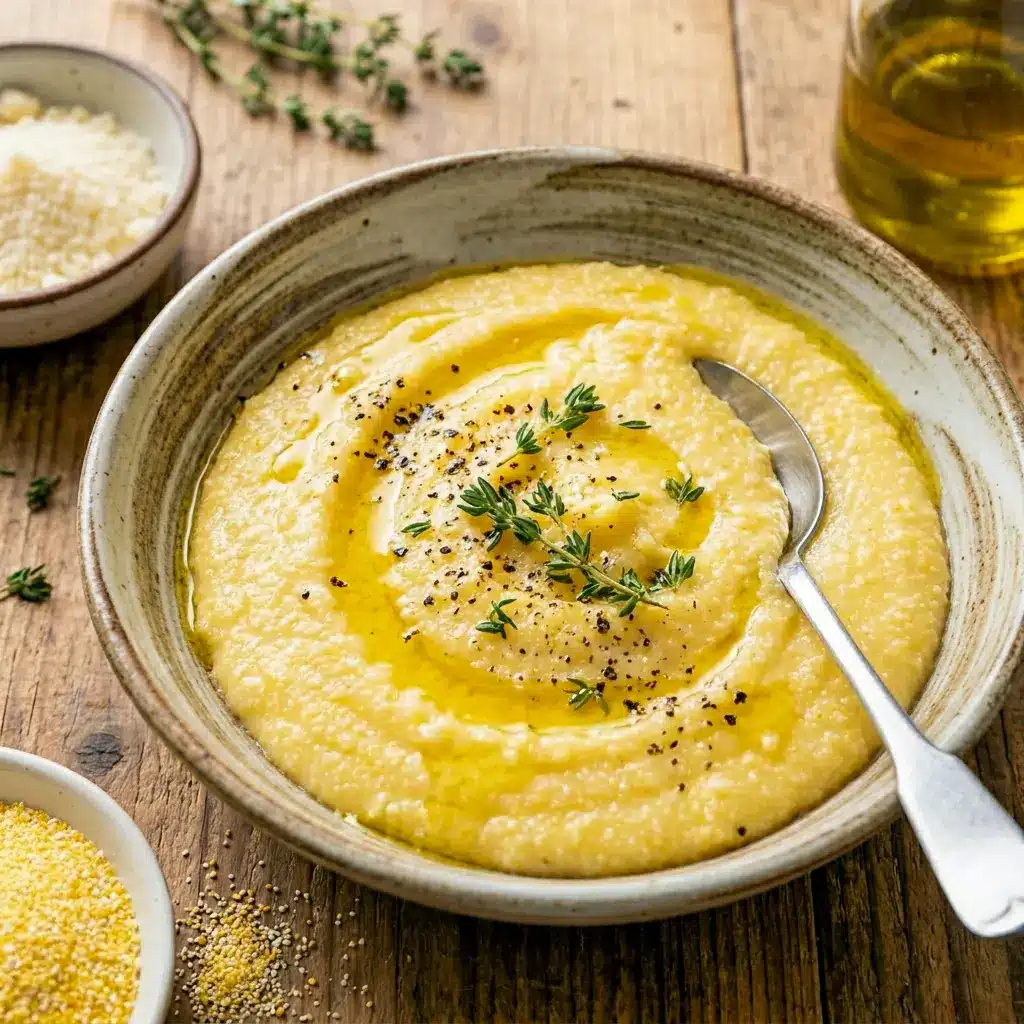 Creamy Polenta turns into the perfect Creamy Italian Side Dish when finished with parmesan, butter, and a silky texture.