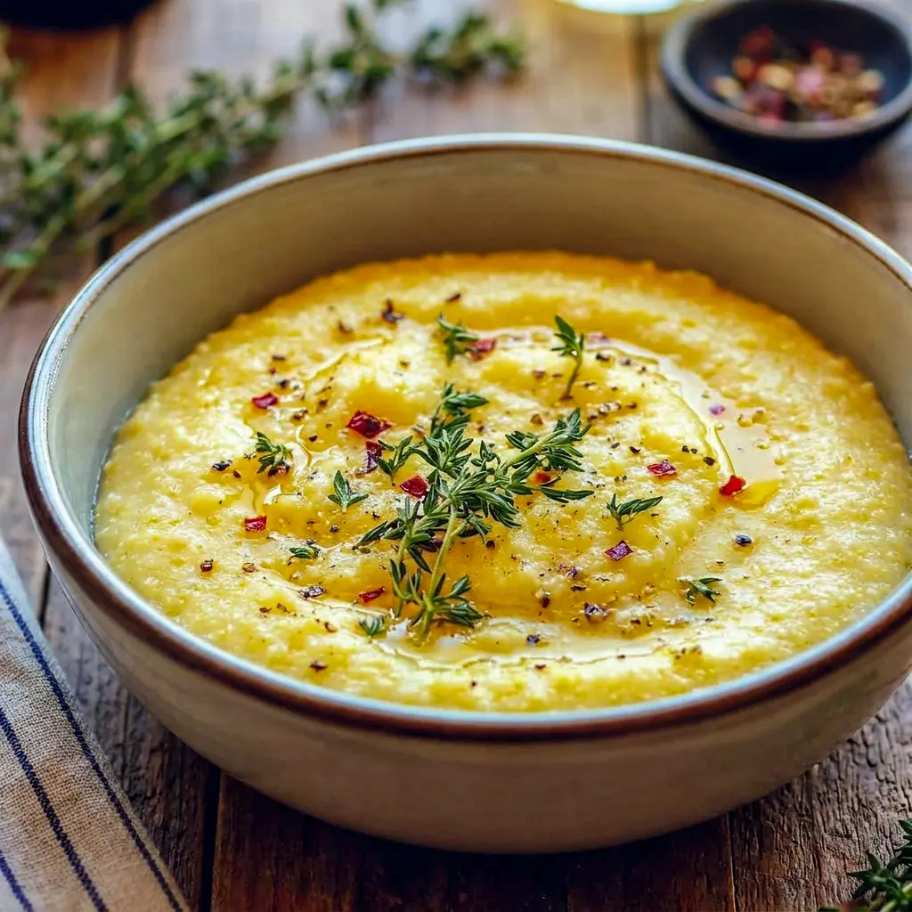Creamy Polenta brings cozy comfort to the table in this warm bowl of Comfort Food Dinner Ideas topped with garlic and parmesan.