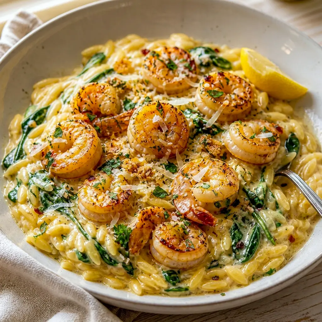 Cozy and rich, Creamy Shrimp Orzo is the perfect choice for One Pan Dinners on busy nights.