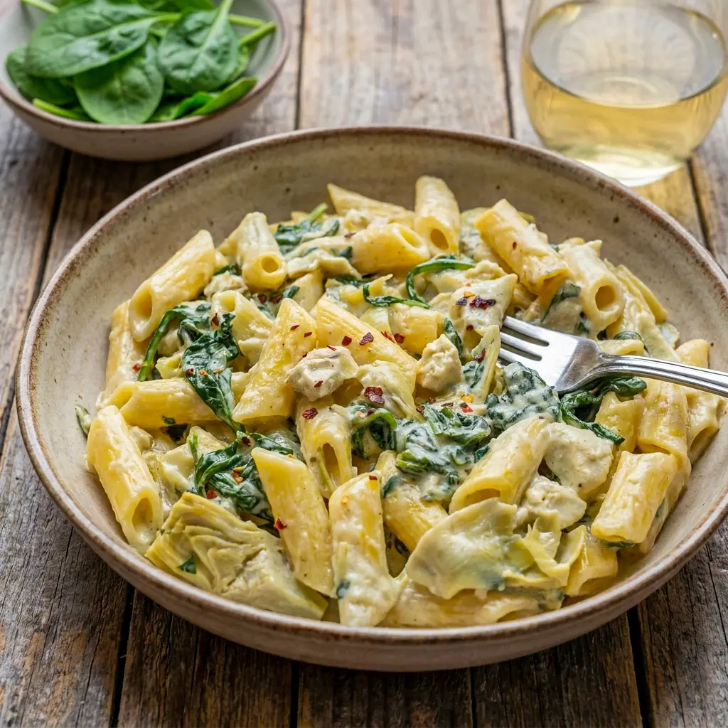 Spinach Artichoke Pasta makes a satisfying Artichoke Pasta Meal with tender pasta, fresh spinach, and flavorful artichokes in a silky cream sauce.