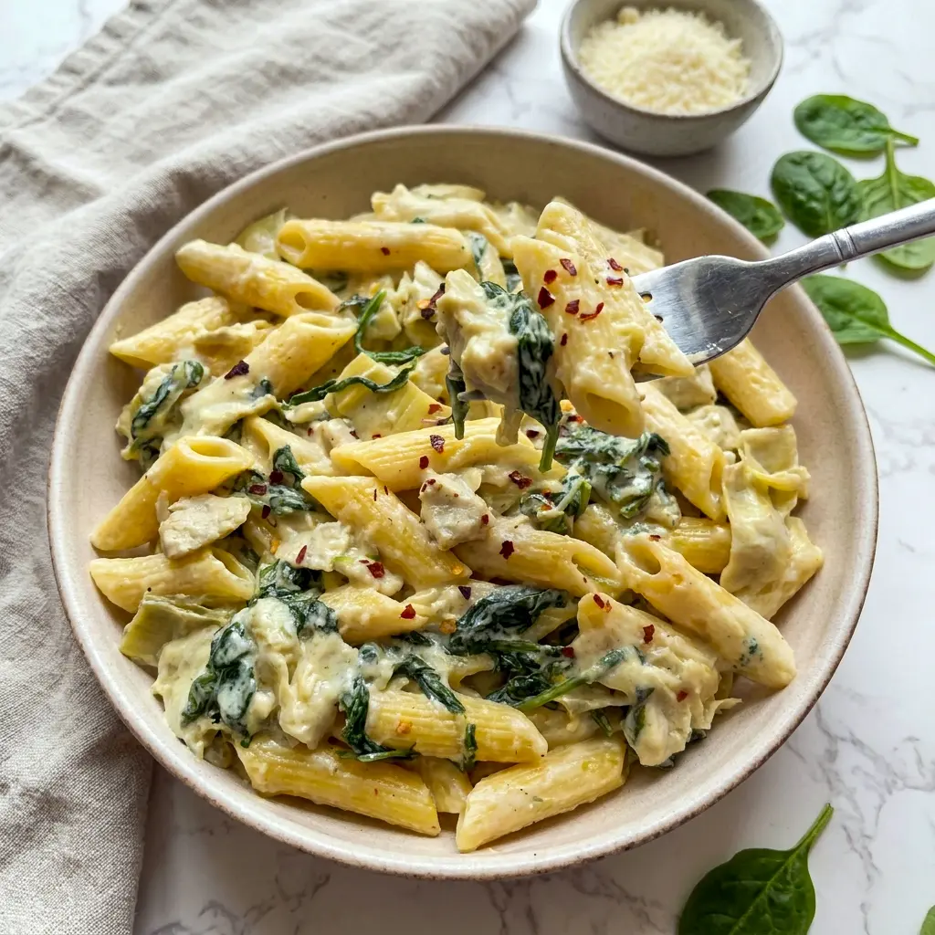Spinach Artichoke Pasta is a lighter take on Healthy Spinach Artichoke Alfredo Pasta, combining fresh vegetables with a rich and creamy sauce.