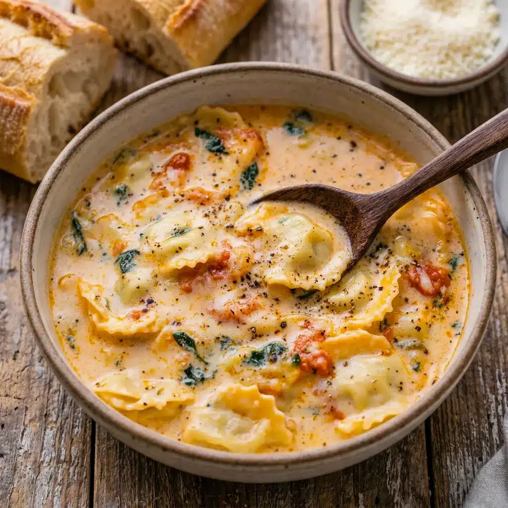 Warm and comforting Creamy Tuscan Ravioli Soup served in a rustic bowl, perfect for Yummy Creamy Soups on chilly nights.