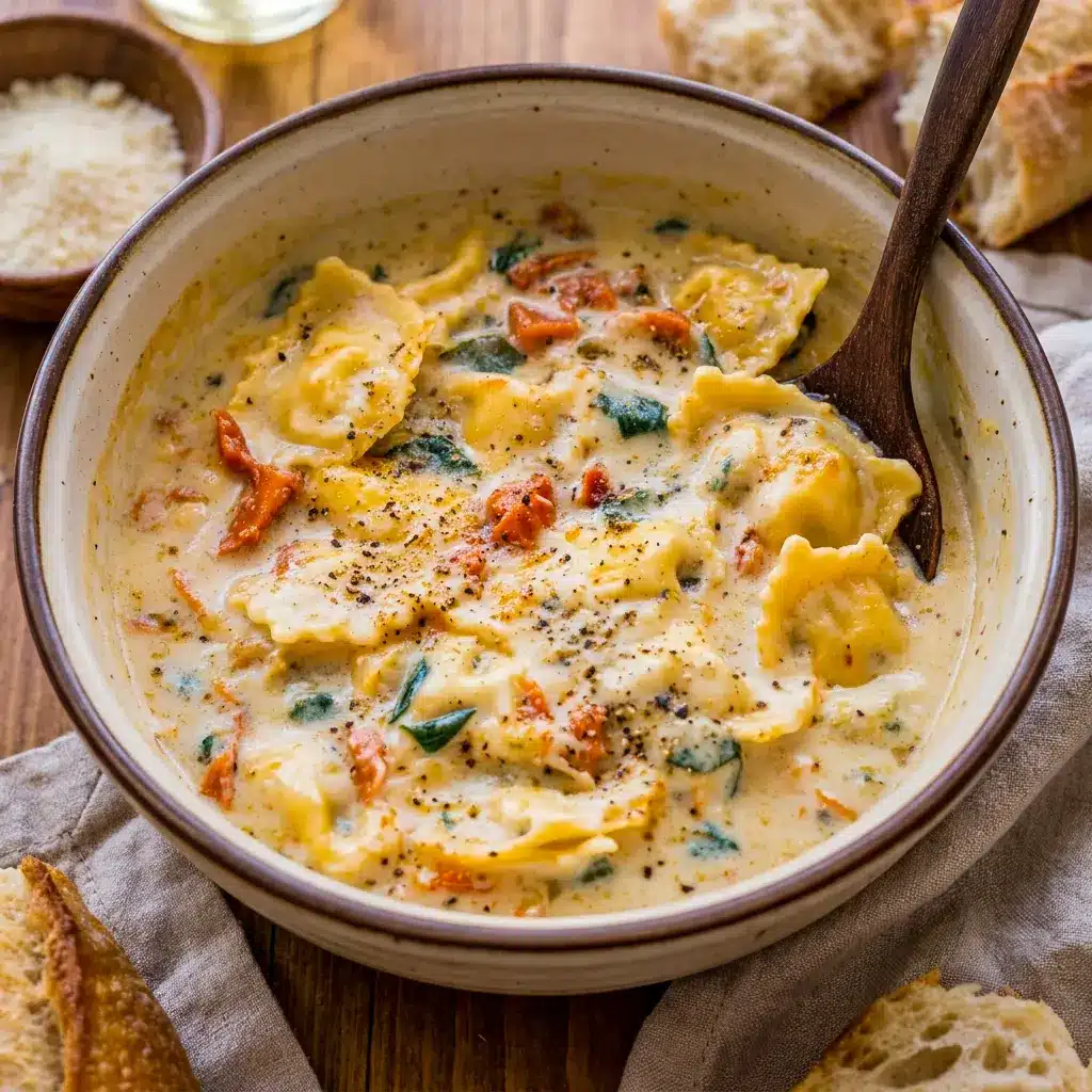 A hearty serving of Creamy Tuscan Ravioli Soup with tender pasta and sausage, inspired by Tuscan Ravioli Soup With Sausage for a filling meal.