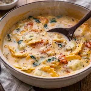 A cozy bowl of Creamy Tuscan Ravioli Soup topped with herbs and sausage, styled like a rich Sausage And Ravioli Recipe for an easy dinner pin.