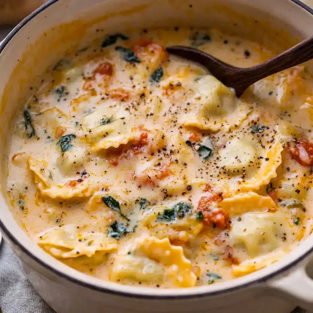 A creamy one-pot dinner of Creamy Tuscan Ravioli Soup with spinach and Parmesan, a delicious Italian Ravioli Soup that works for busy weeknights.