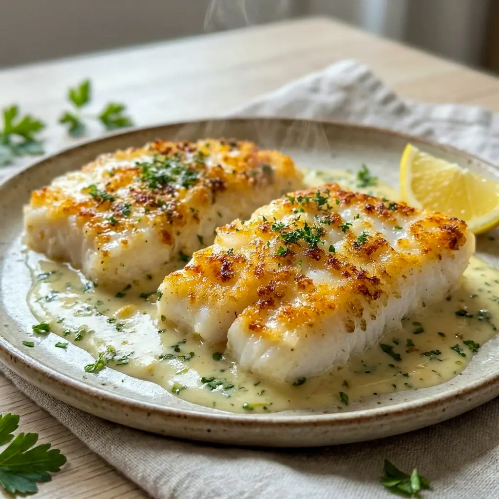This close-up of Crispy Baked Cod is a simple choice for Skinless Cod Recipes with a creamy Parmesan topping.