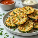 Crispy Baked Parmesan Zucchini rounds on a baking sheet, styled as one of the best Easy Zucchini Recipes for a quick golden side dish.