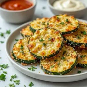 Crispy Baked Parmesan Zucchini rounds on a baking sheet, styled as one of the best Easy Zucchini Recipes for a quick golden side dish.