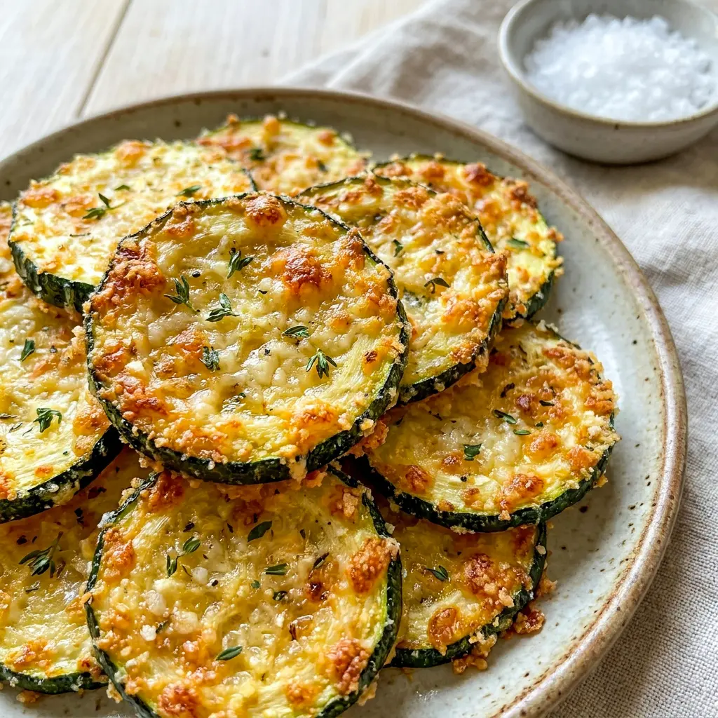 Golden Crispy Baked Parmesan Zucchini rounds topped with parmesan and herbs, ideal for Healthy Side Dishes and clean eating.