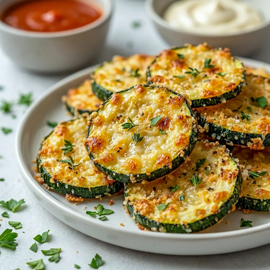 Crispy Baked Parmesan Zucchini rounds on a baking sheet, styled as one of the best Easy Zucchini Recipes for a quick golden side dish.