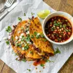 Crock Pot Birria Tacos served with a rich dipping bowl, styled as one of the best Birria Tacos Crockpot dinners for taco night.