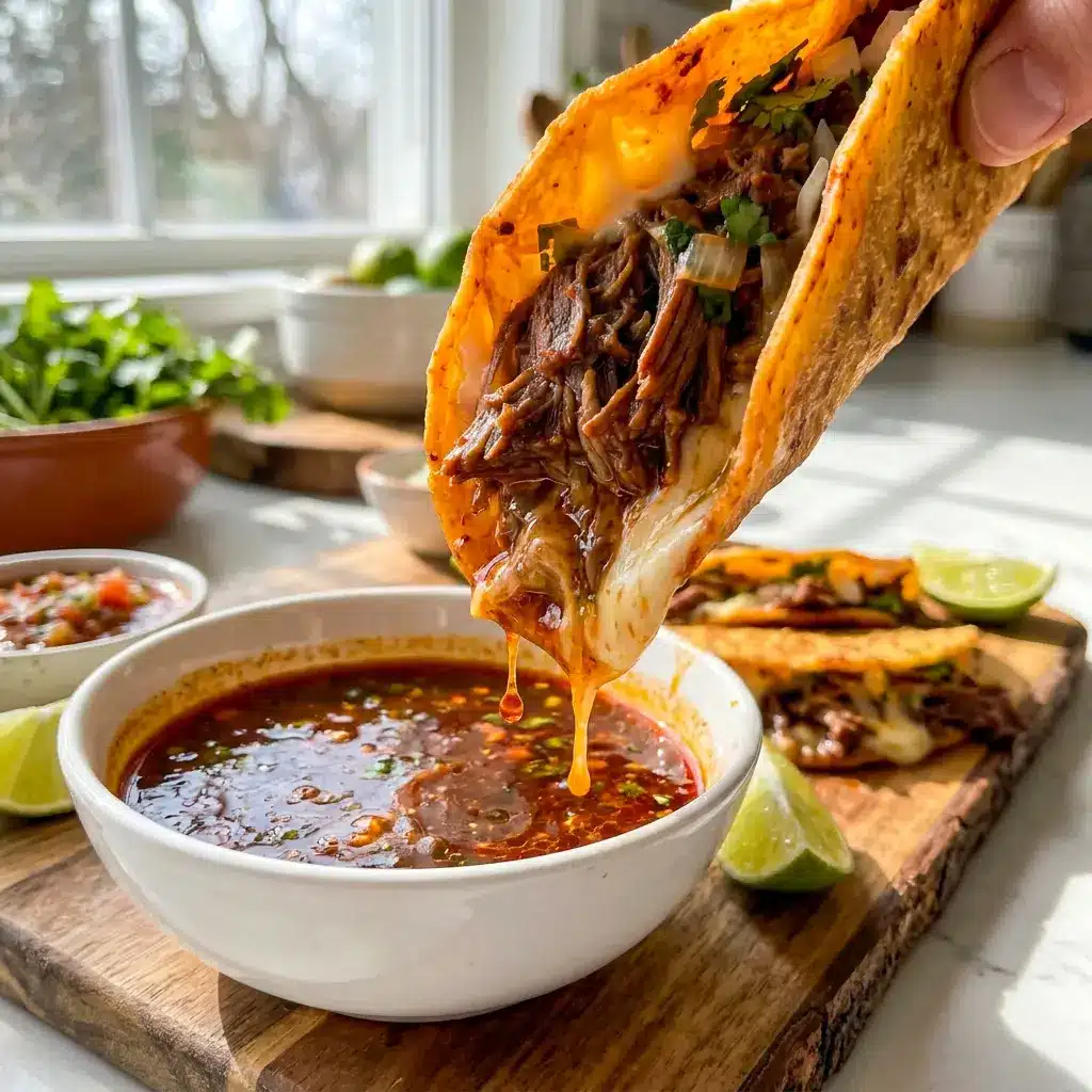 A close-up of Crock Pot Birria Tacos with glossy red consomé, perfect for a bold Crockpot Birria Tacos Recipe and juicy shredded beef.
