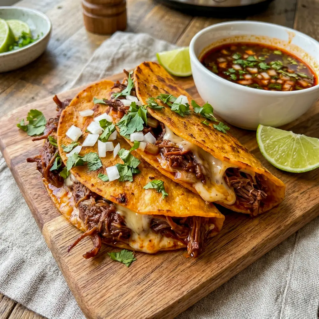 Crock Pot Birria Tacos with crisp tortilla edges and tender filling, an easy choice for Taco Birria Recipe lovers.