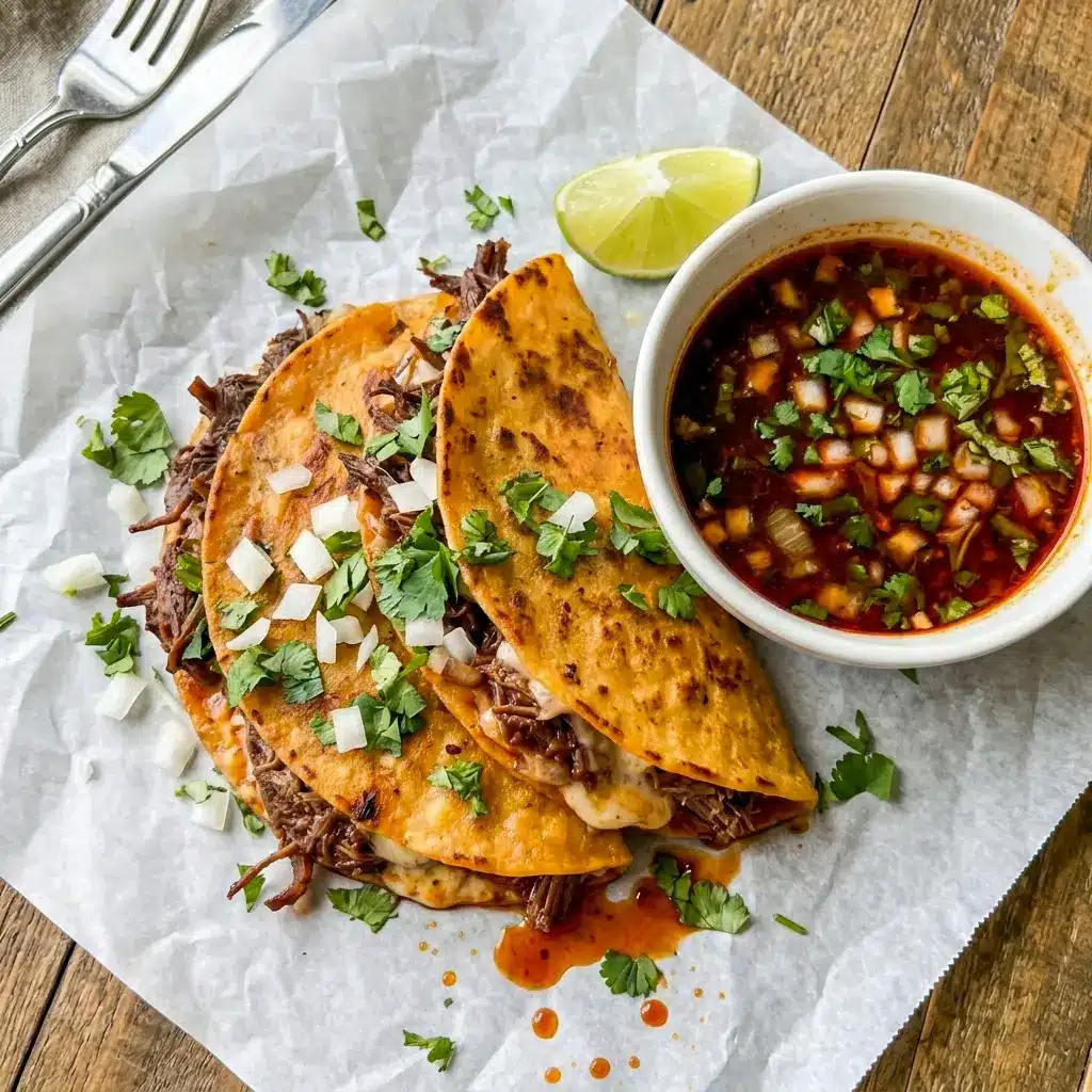Crock Pot Birria Tacos served with a rich dipping bowl, styled as one of the best Birria Tacos Crockpot dinners for taco night.