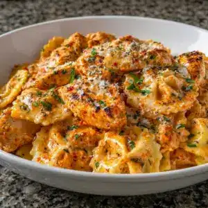 A creamy bowl of Crockpot Million Dollar Ravioli served as an Easy Cook Dinner with rich sauce and melted cheese.